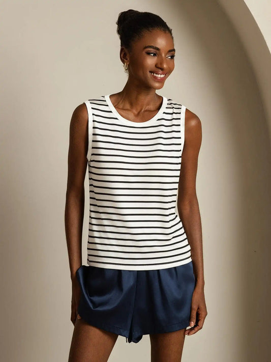 Women's 100% Mulberry Silk Round Neck Casual Stripe Print Tank Top