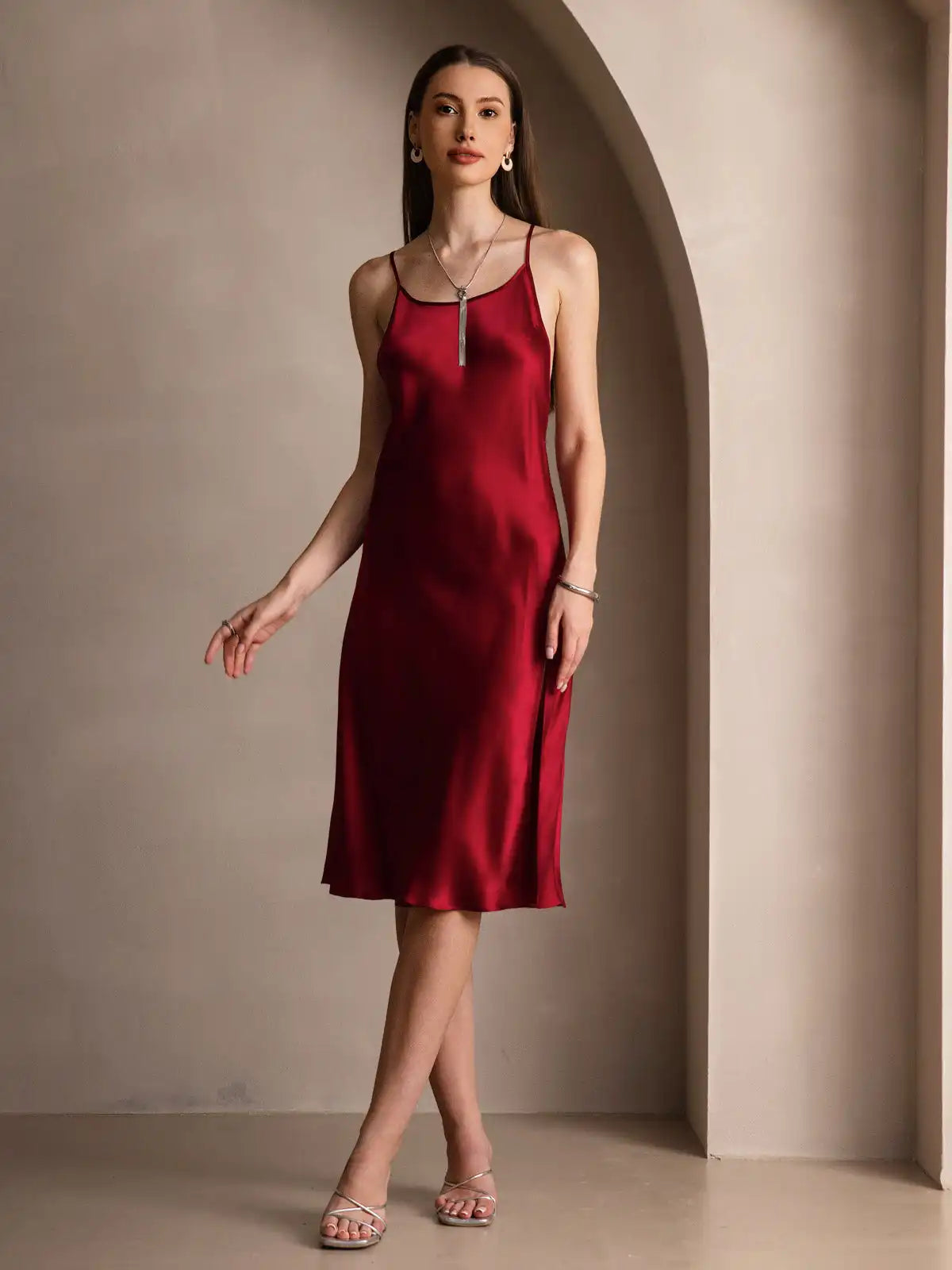 Elegant 100% Mulberry Silk Cross Backless Midi Dress with Side Slit