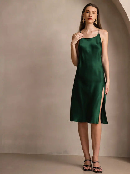 Elegant 100% Mulberry Silk Cross Backless Midi Dress with Side Slit