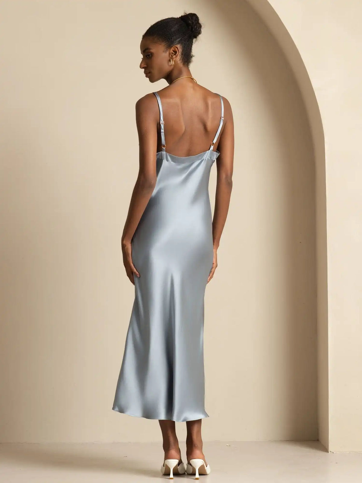 Pure Silk  V Neck Backless Spaghetti Strap Long Dress
