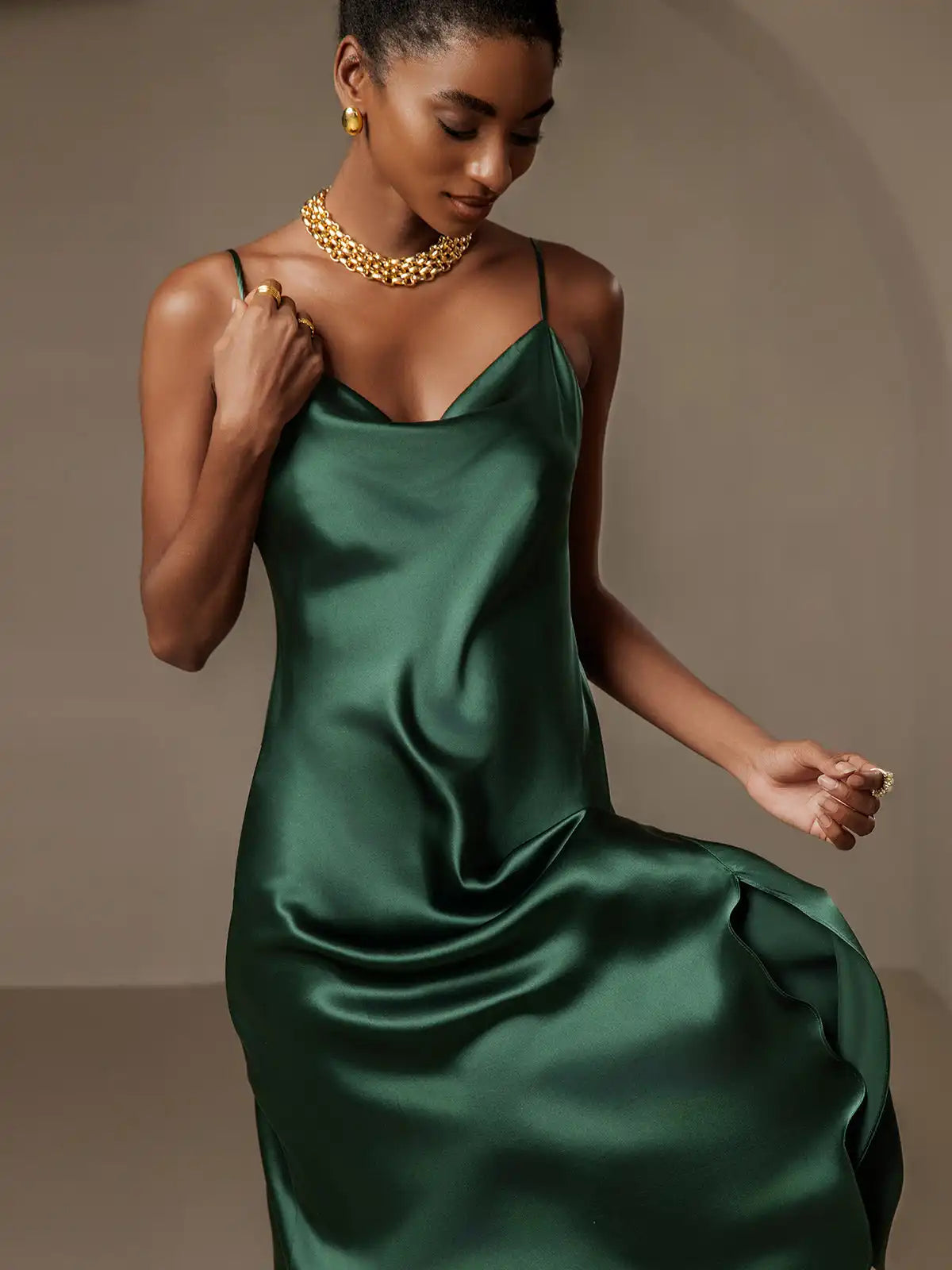 100% Mulberry Silk Spaghetti Strap Cowl Neck Bias Midi Dress with Split Design