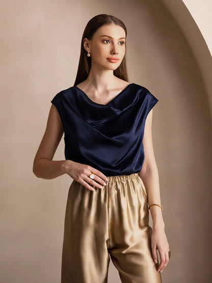 19Momme Women's Silk Cap Sleeve Cowl Neck Top