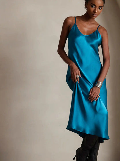 100% Mulberry Silk Spaghetti Strap Midi Long Dress