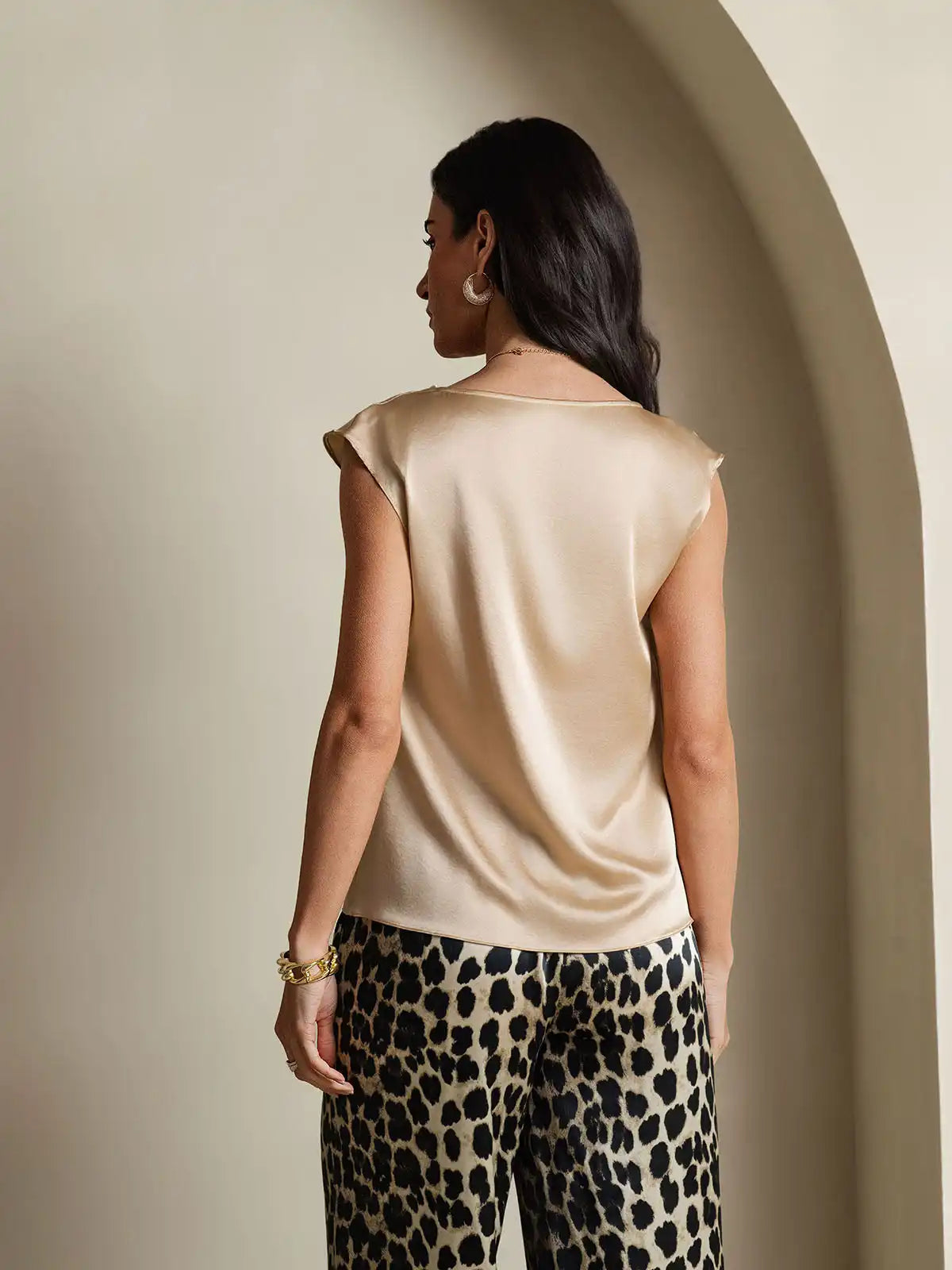19Momme Women's Silk Cap Sleeve Cowl Neck Top