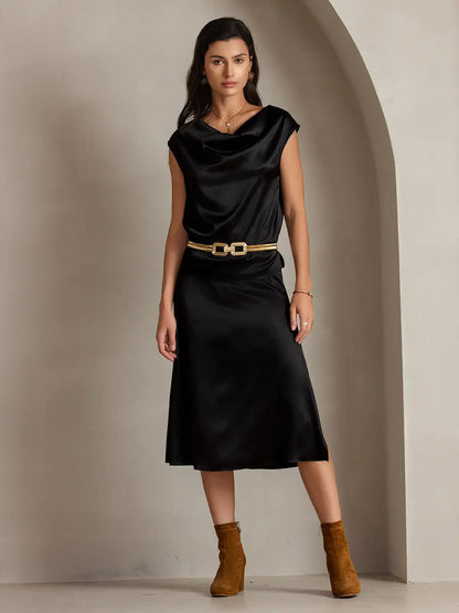 Clearance - 19Momme Silk A Line Long Slit Skirt with Zipper Design