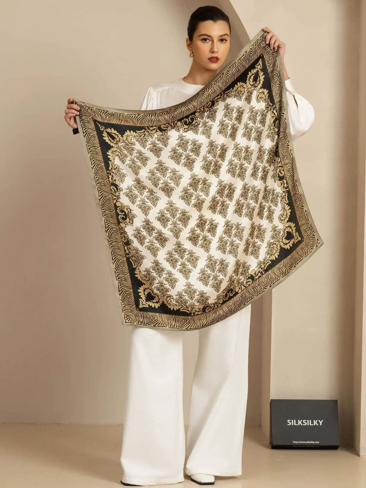 100% Mulberry Silk Vintage-Inspired Pattern  Square Scarf - Size 90x90cm