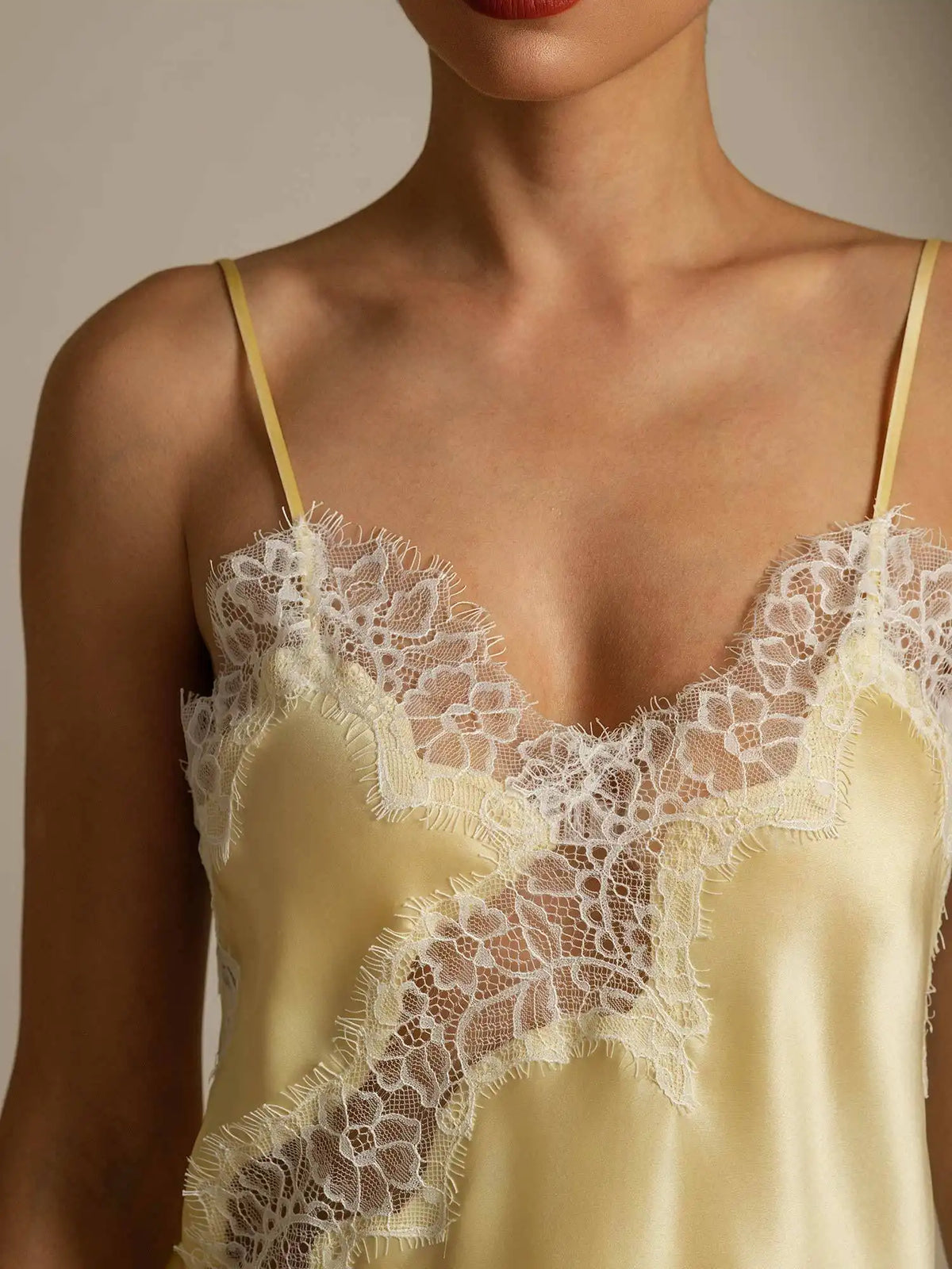 100% Mulberry Silk Spaghetti Straps Lace Camisole Top with Asymmetrical Hem