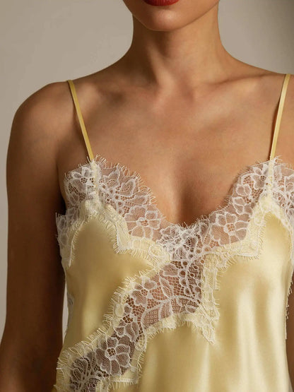 100% Mulberry Silk Spaghetti Straps Lace Camisole Top with Asymmetrical Hem