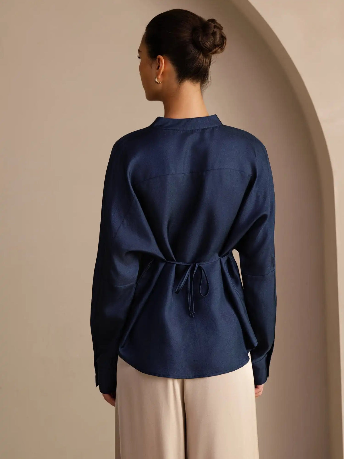 100% Mulberry Silk Women’s Split Neck Long Sleeve Blouse With Drawstring
