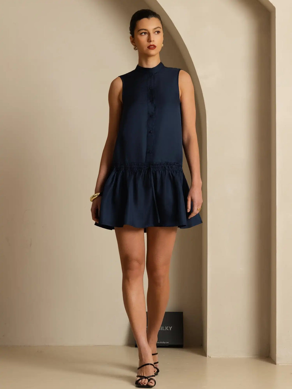 Clearance - Pure Silk Sleeveless Short Dress With Adjustable Drawstring Drop Waist