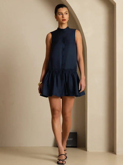 Clearance - Pure Silk Sleeveless Short Dress With Adjustable Drawstring Drop Waist