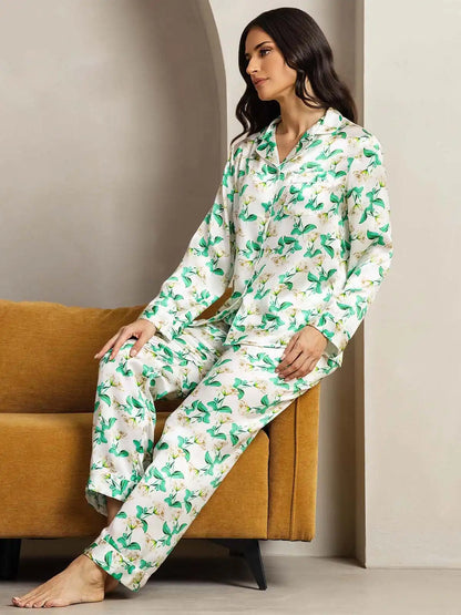 Clearance - Women's Pure Silk Green Floral Print Long Sleeve Notch Collar Pajamas Set