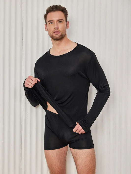 Mens Fashion Silk Long Sleeve Crewneck Tee