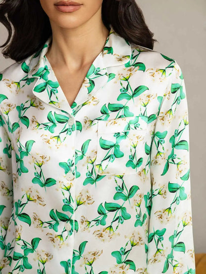 Clearance - Women's Pure Silk Green Floral Print Long Sleeve Notch Collar Pajamas Set