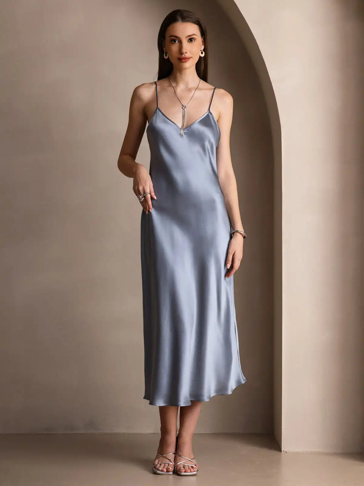 100% Mulberry Silk Spaghetti Strap V Neck Midi Dress