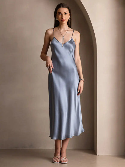 100% Mulberry Silk Spaghetti Strap V Neck Midi Dress