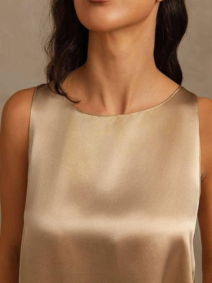 100% Mulberry Silk Sleeveless U-Neck Backless High-low Tank Top & Wide Leg Pants Set