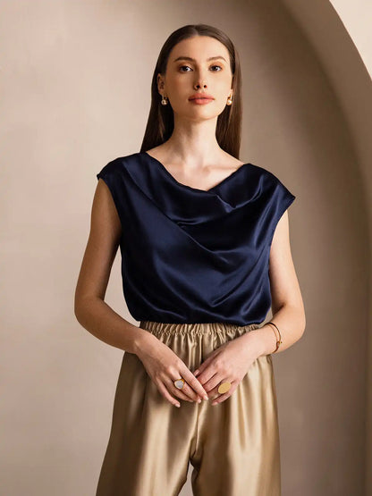 19Momme Women's Silk Cap Sleeve Cowl Neck Top