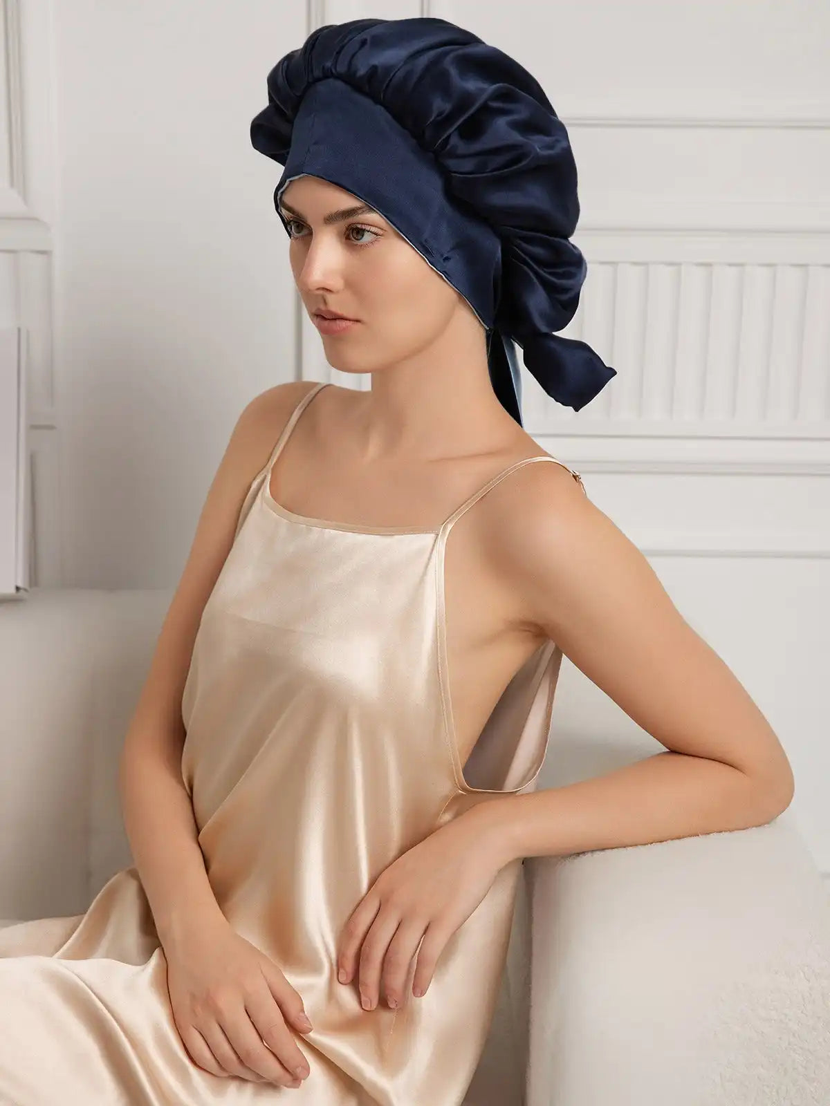 100% Mulberry Silk  Casual Bonnet with Long Ribbons (Two-tone and Double-sided)