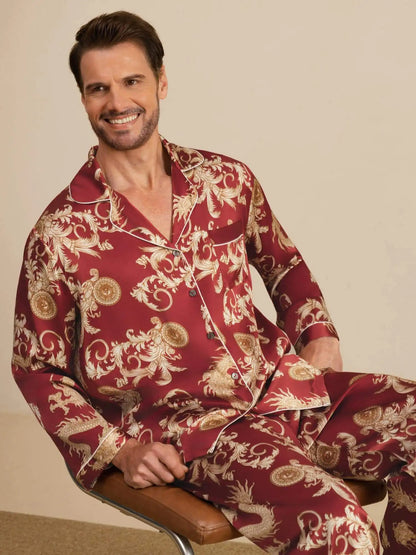 100% Mulberry Silk Men's Dragon Print  Long Sleeve Notch Collar Pajamas Set