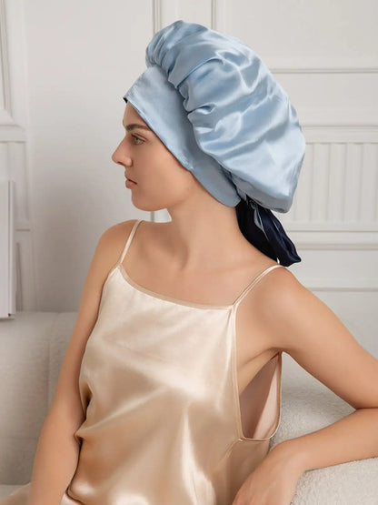 100% Mulberry Silk  Casual Bonnet with Long Ribbons (Two-tone and Double-sided)