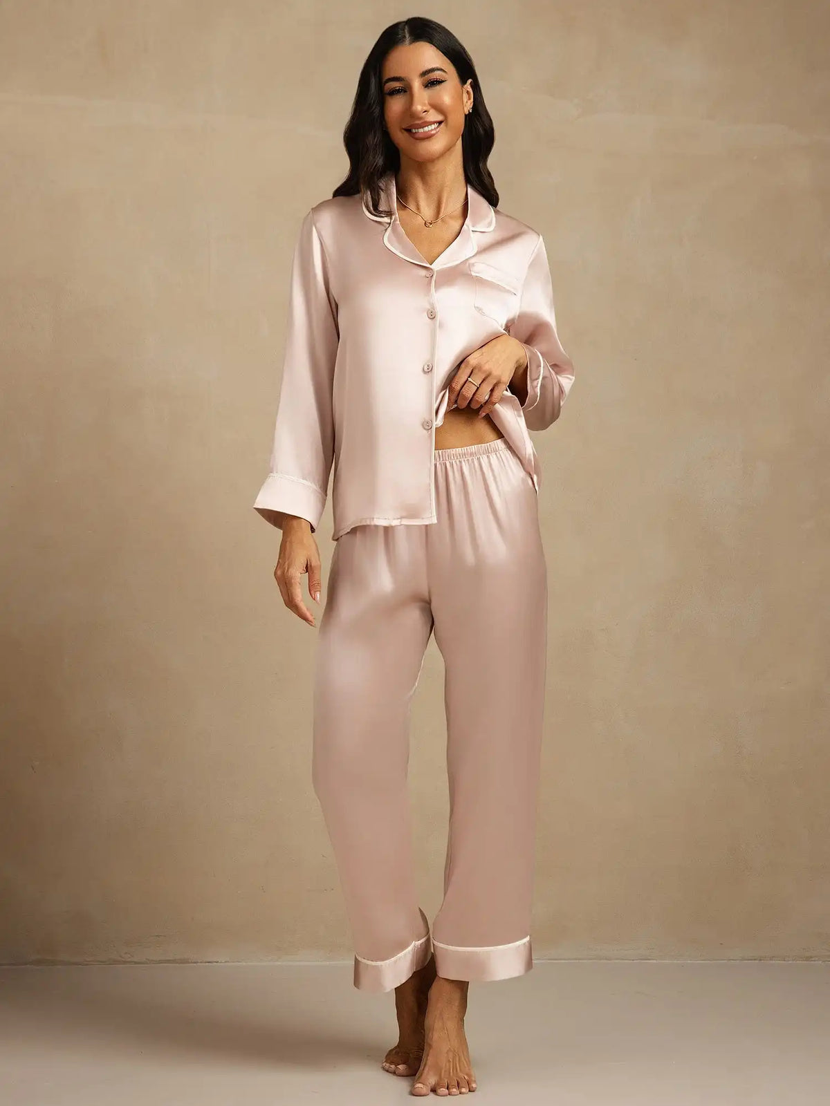 100% Mulberry Silk Classic Long Sleeve Pajama Set with Contrast Piping
