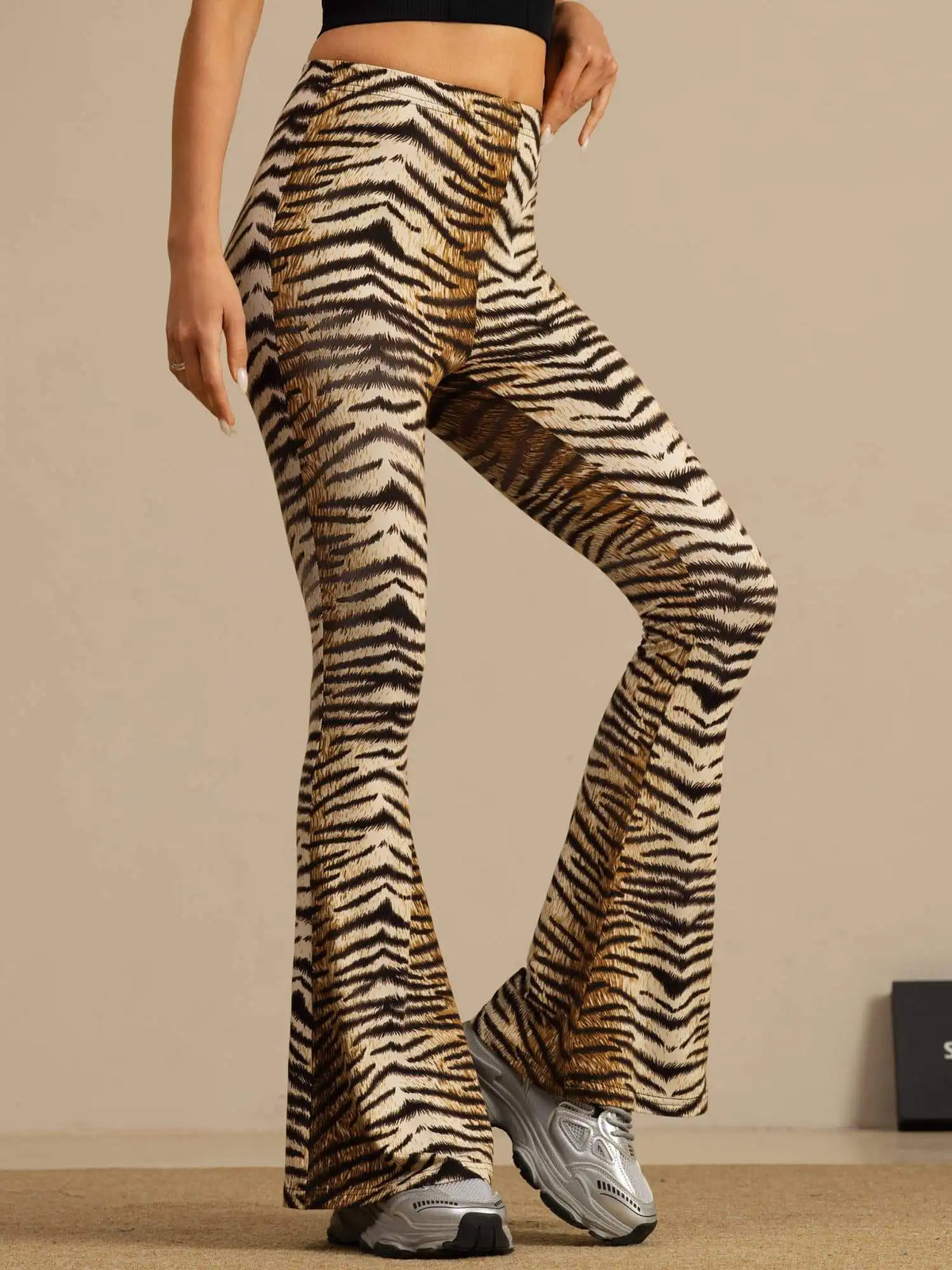 Clearance - Pure Silk Wild Animal Print Women's Flare Pants High Waisted Bell Bottom