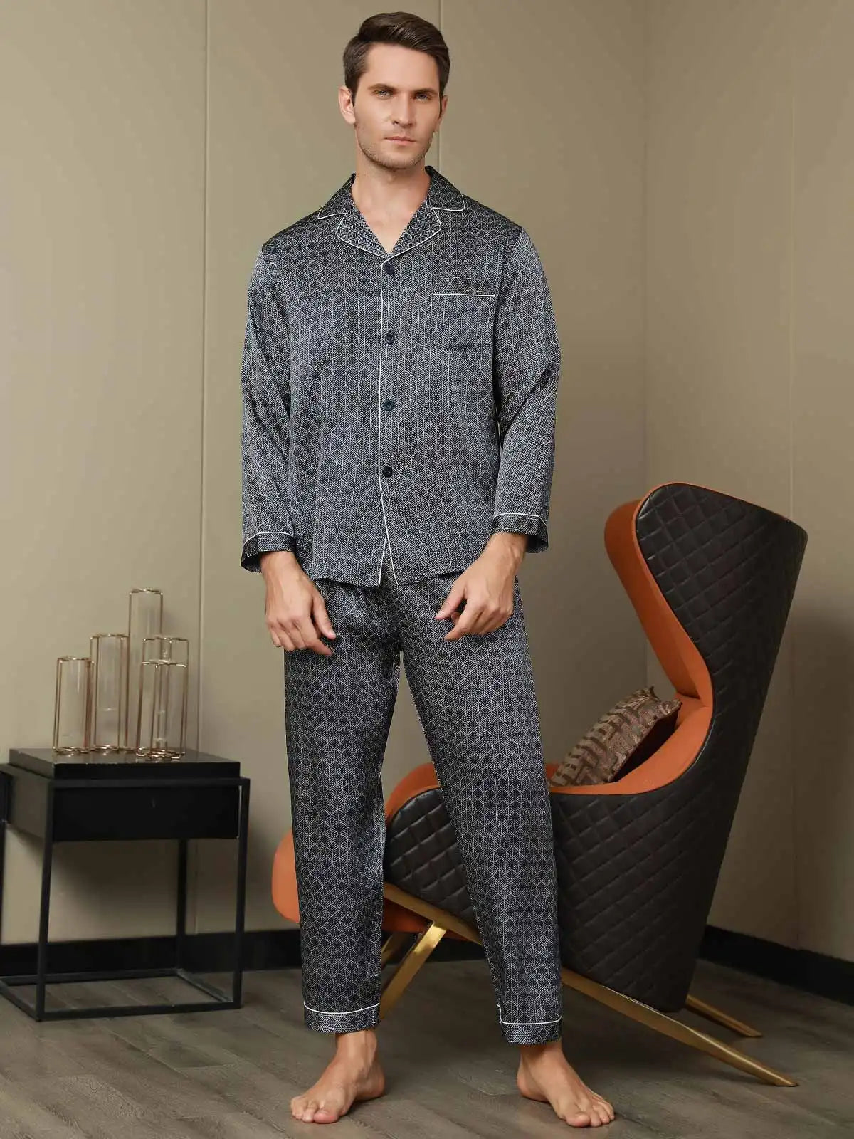 100% Mulberry Silk Ginkgo Print Long Sleeve Men's Pajamas Set With Pants