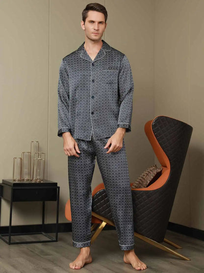 100% Mulberry Silk Ginkgo Print Long Sleeve Men's Pajamas Set With Pants