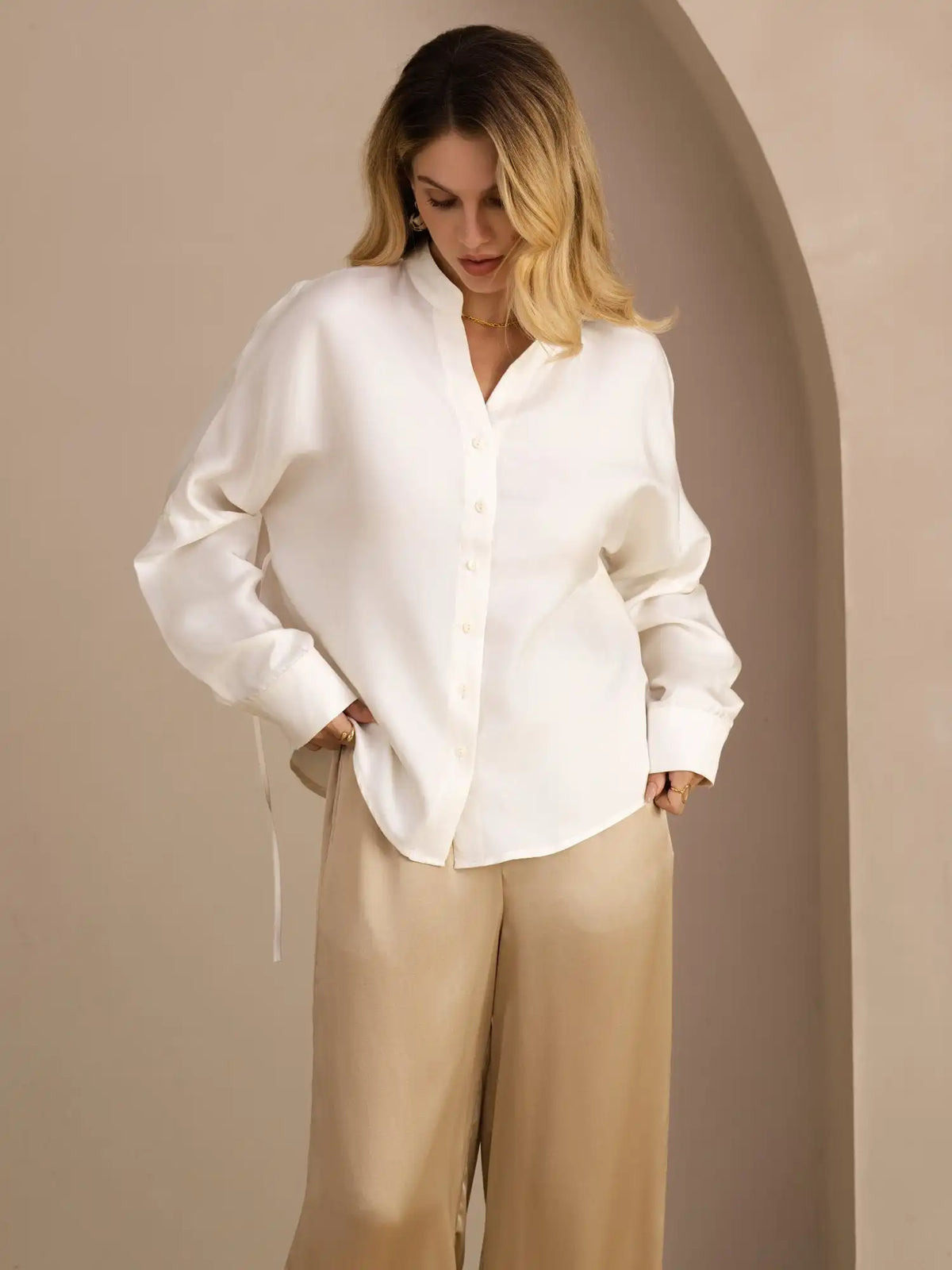 100% Mulberry Silk Women’s Split Neck Long Sleeve Blouse With Drawstring