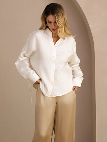 100% Mulberry Silk Women’s Split Neck Long Sleeve Blouse With Drawstring