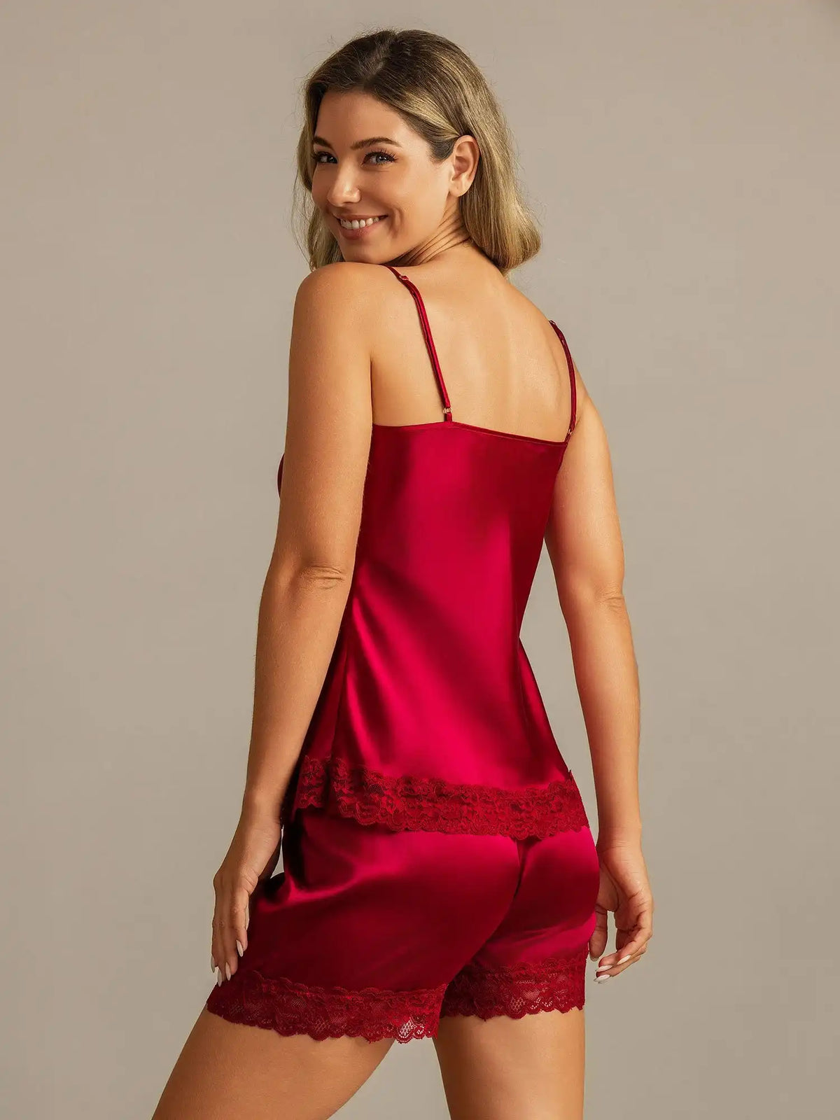 100% Mulberry Silk Lace Trim Spaghetti Strap V Neck Sexy Camisole Set
