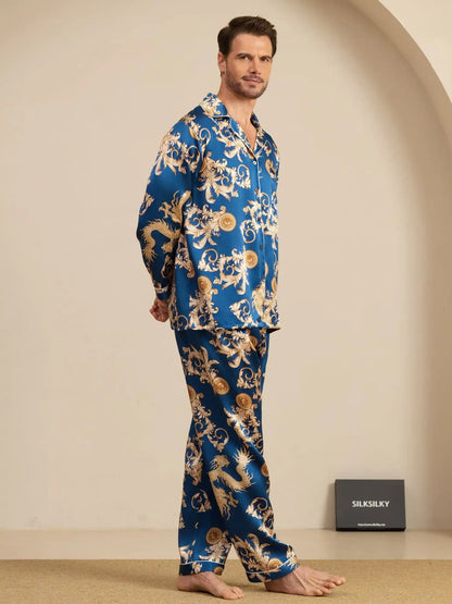 100% Mulberry Silk Men's Dragon Print  Long Sleeve Notch Collar Pajamas Set