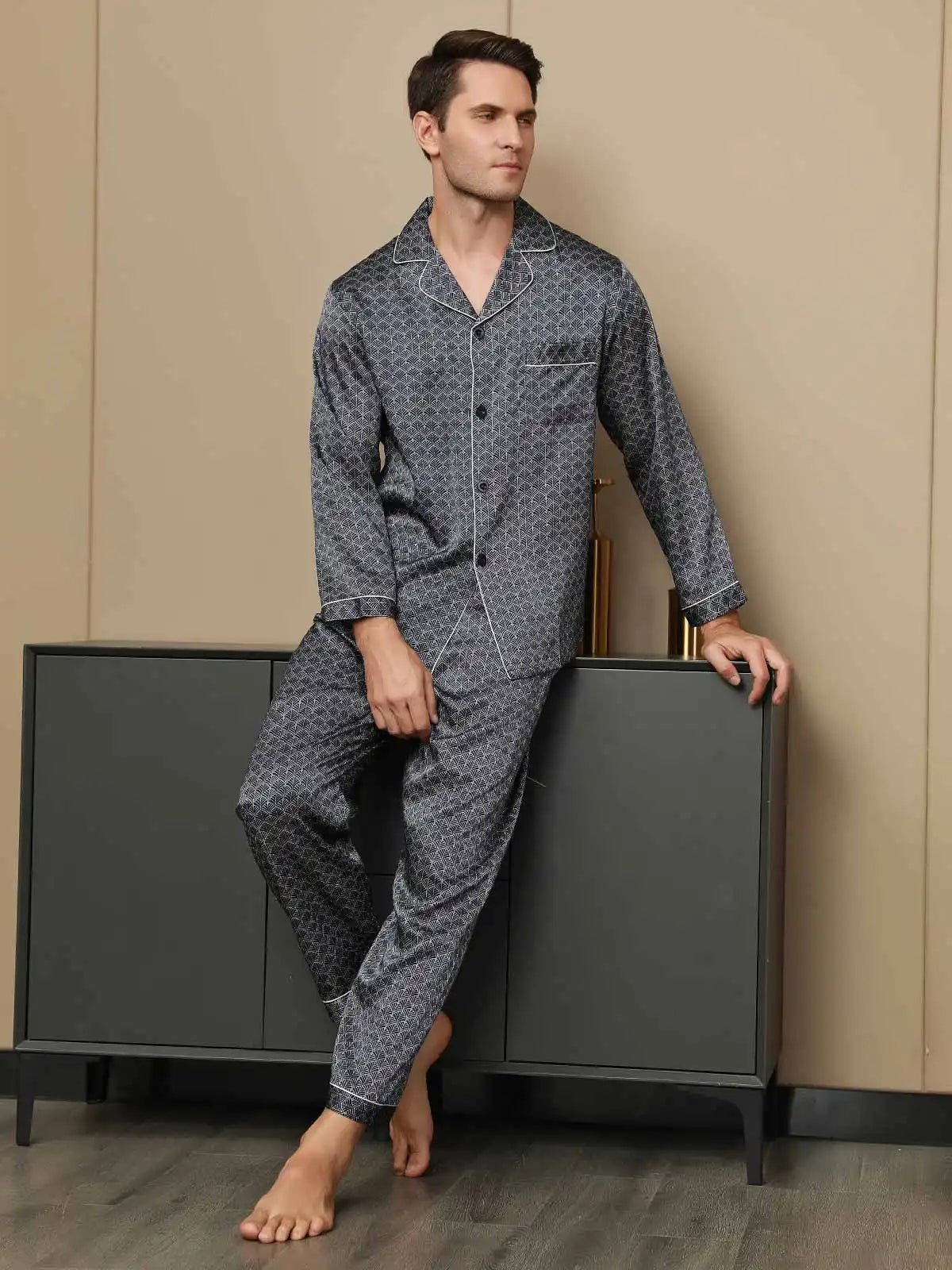 100% Mulberry Silk Ginkgo Print Long Sleeve Men's Pajamas Set With Pants