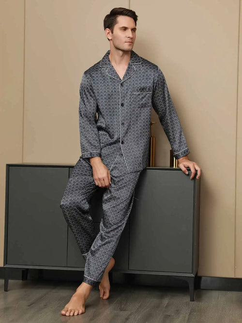100% Mulberry Silk Ginkgo Print Long Sleeve Men's Pajamas Set With Pants