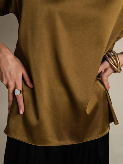 19Momme Silk Short Sleeve Boat Neck Cuffed Sleeve Women's T-Shirt
