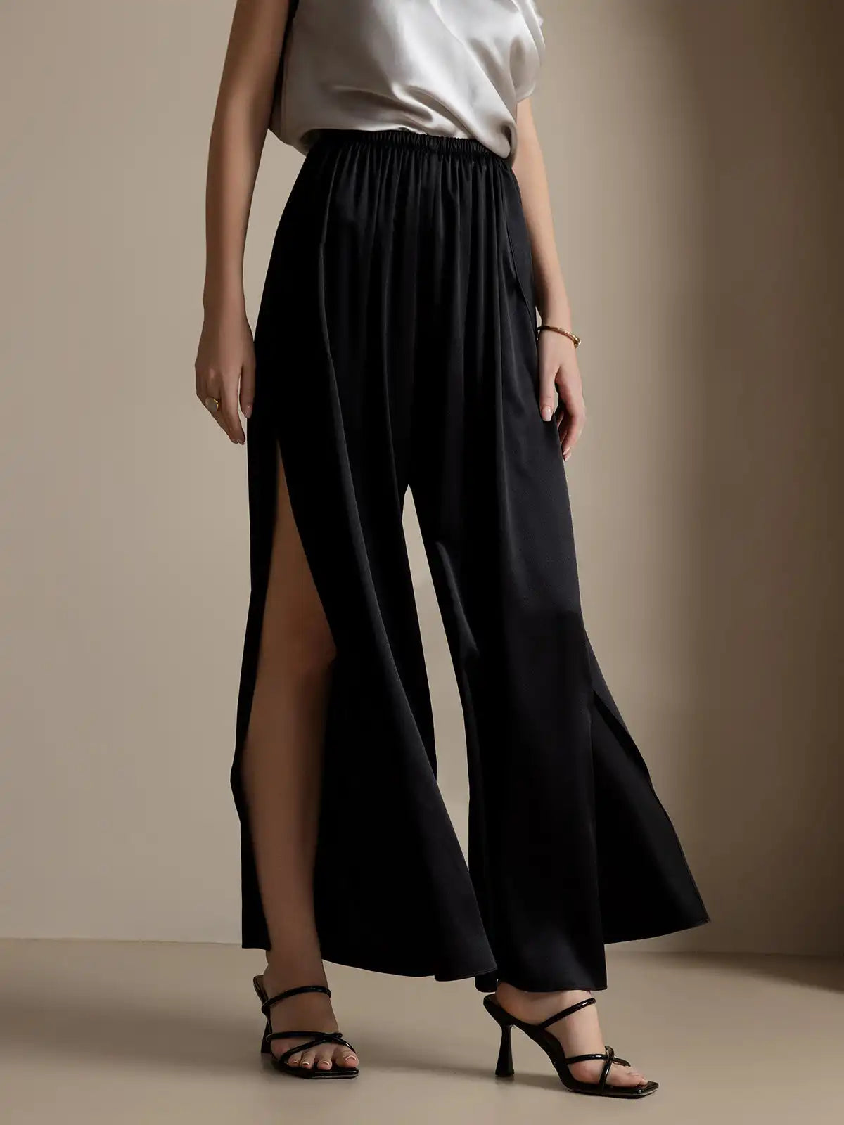 19Momme Silk Fashionable Flowy High-Slit Palazzo Pants