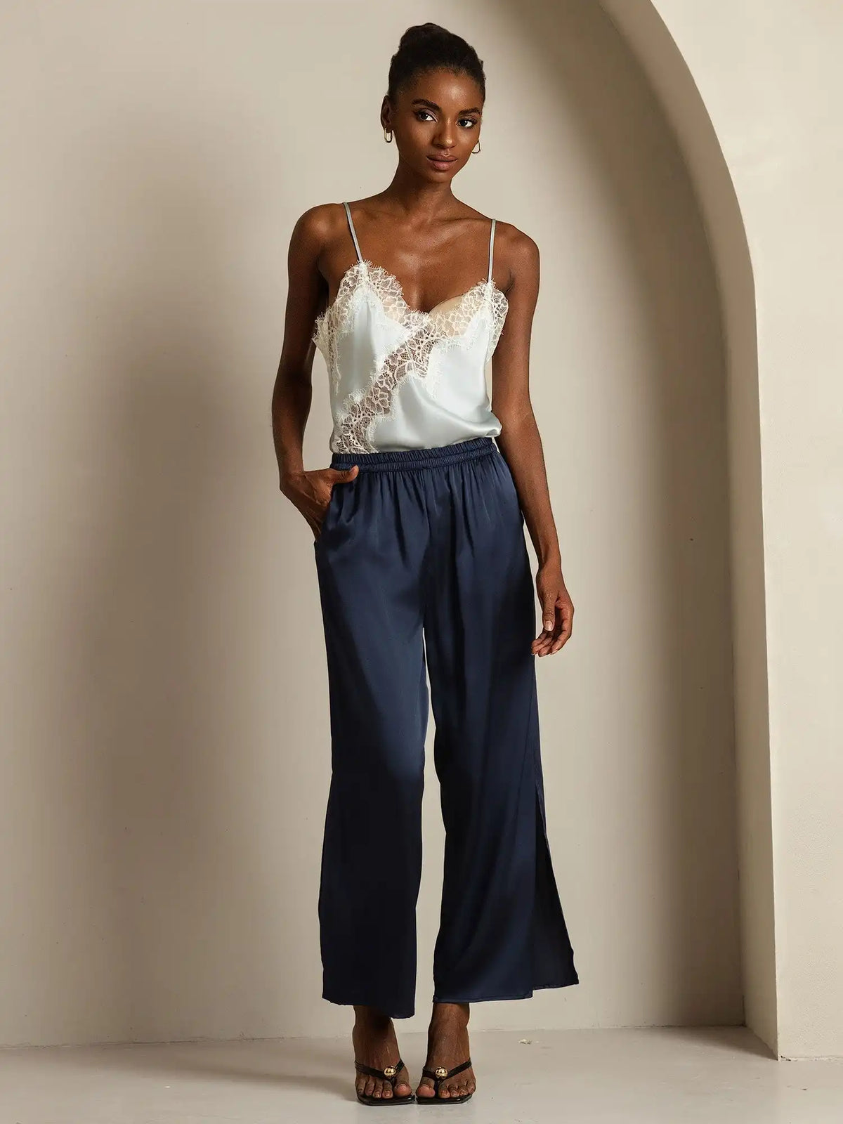100% Mulberry Silk Spaghetti Straps Lace Camisole Top with Asymmetrical Hem
