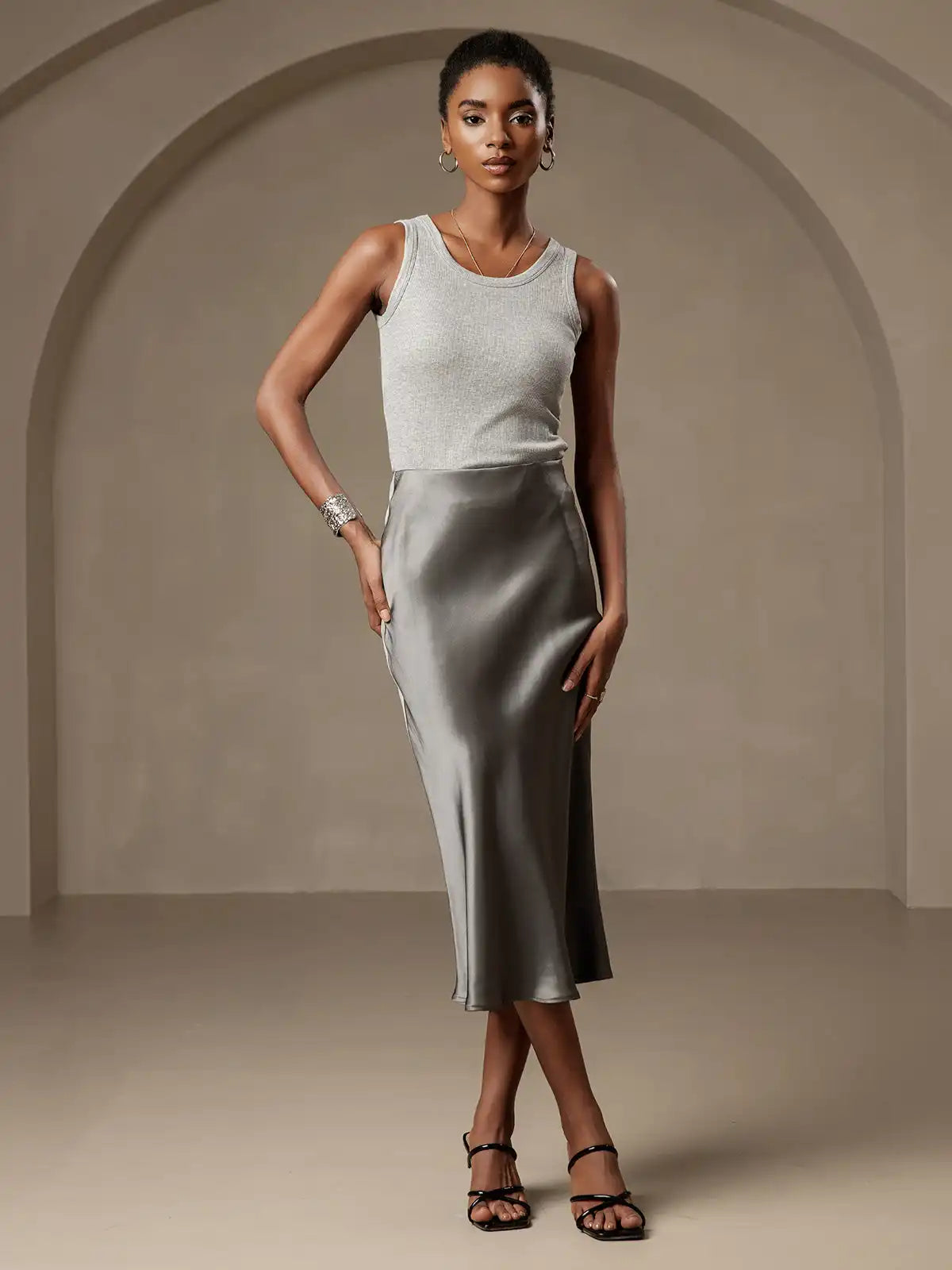 100% Mulberry Silk Stretch Long Straight Skirt