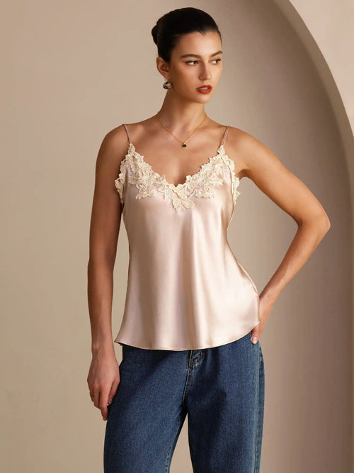 100% Mulberry Silk Spaghetti Strap  V-neck Lace Camisole Top