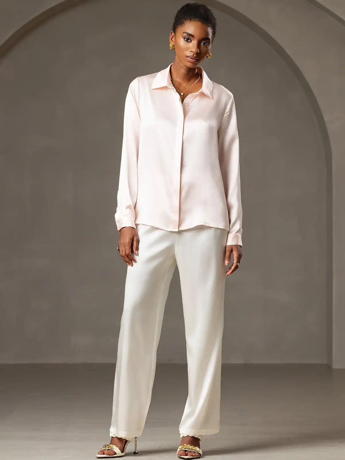 19Momme Silk Long Sleeve Lapel Collar Women's Shirt