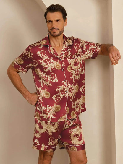 100% Mulberry Silk Men's Dragon Print  Short Sleeve Lapel Collar Pajamas Set