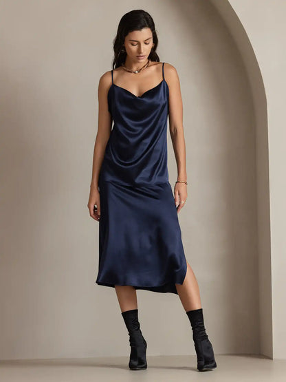 Clearance - 19Momme Silk A Line Long Slit Skirt with Zipper Design