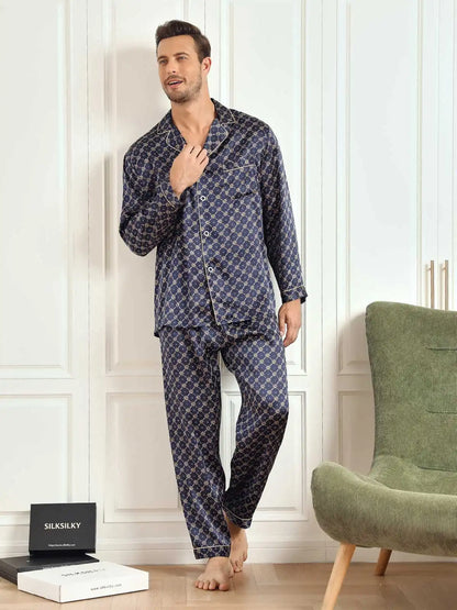 100% Mulberry Silk Navy Chain Print Long Sleeve Men's Pajamas Set With Pants