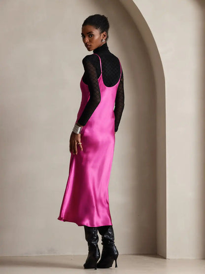 100% Mulberry Silk Spaghetti Strap Midi Long Dress
