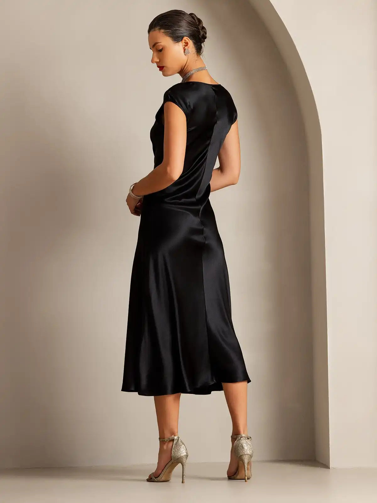 19Momme Silk Cap Sleeve Round Neck Midi Dress