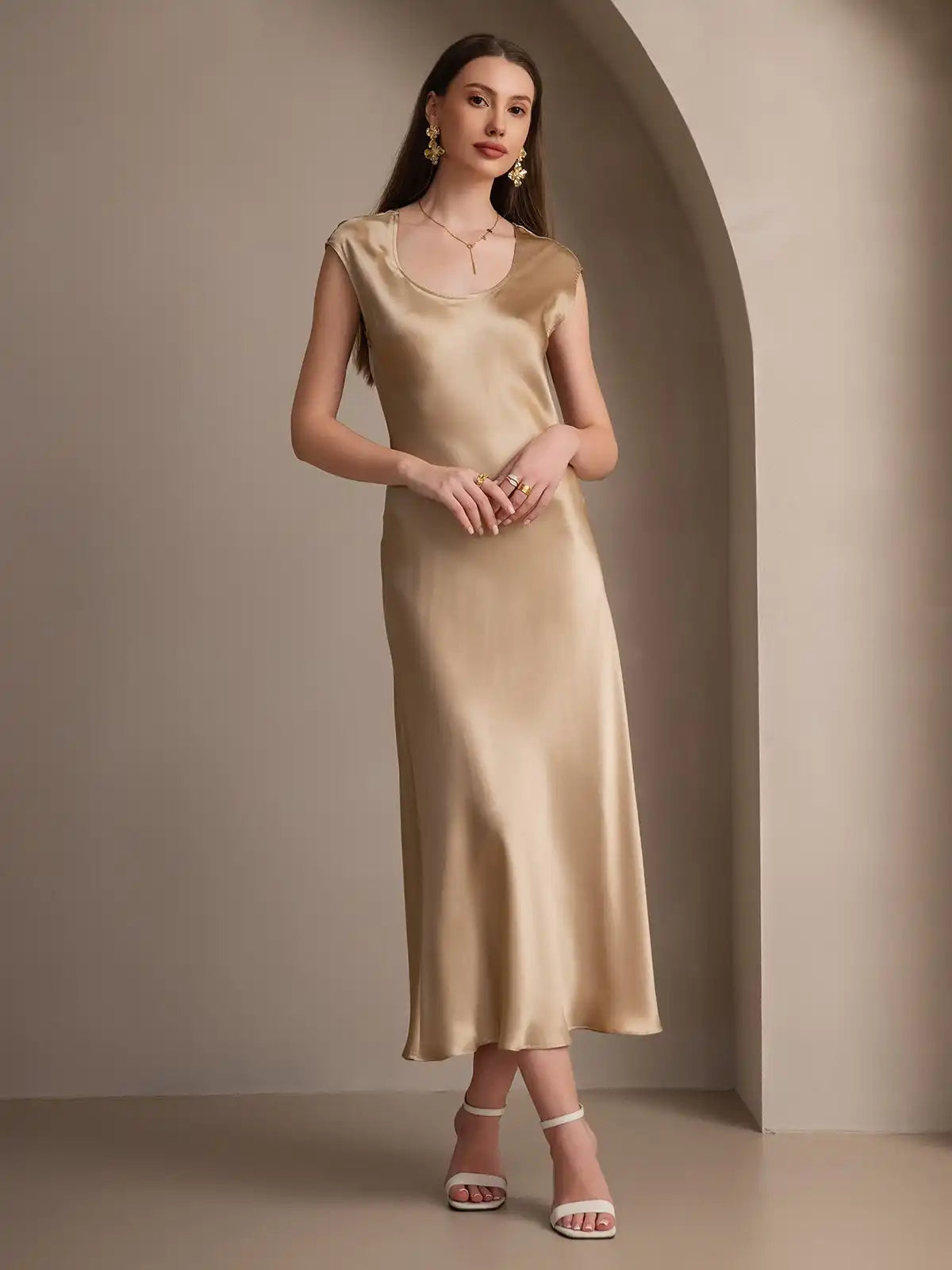 19Momme Silk Cap Sleeve Round Neck Midi Dress