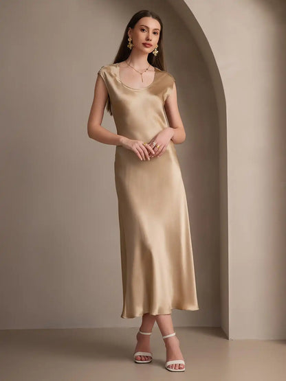 19Momme Silk Cap Sleeve Round Neck Midi Dress