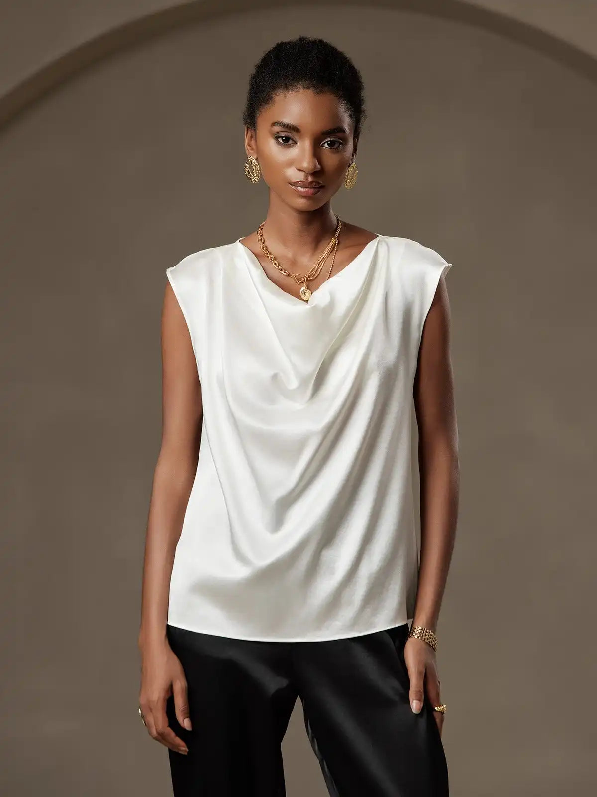 19Momme Silk Cap Sleeve Cowl Neck Women's Top