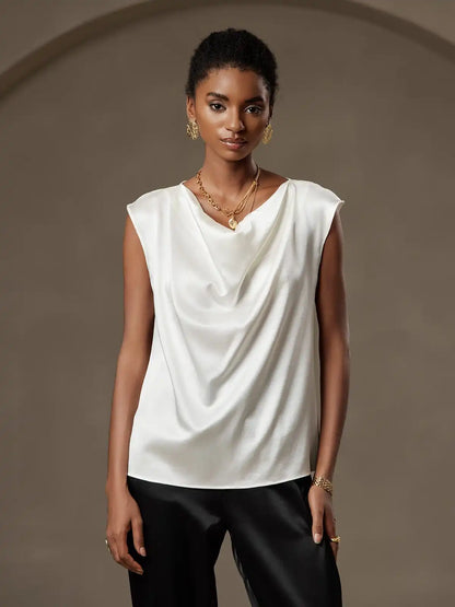 19Momme Silk Cap Sleeve Cowl Neck Women's Top